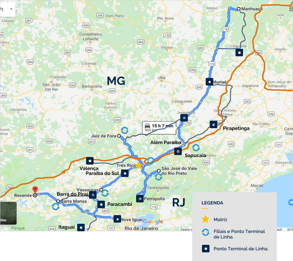 Mapa das linhas da Progresso entre o Rio de Janeiro e Minas Gerais, com a matriz em Três Rios, filiais e pontos terminais.